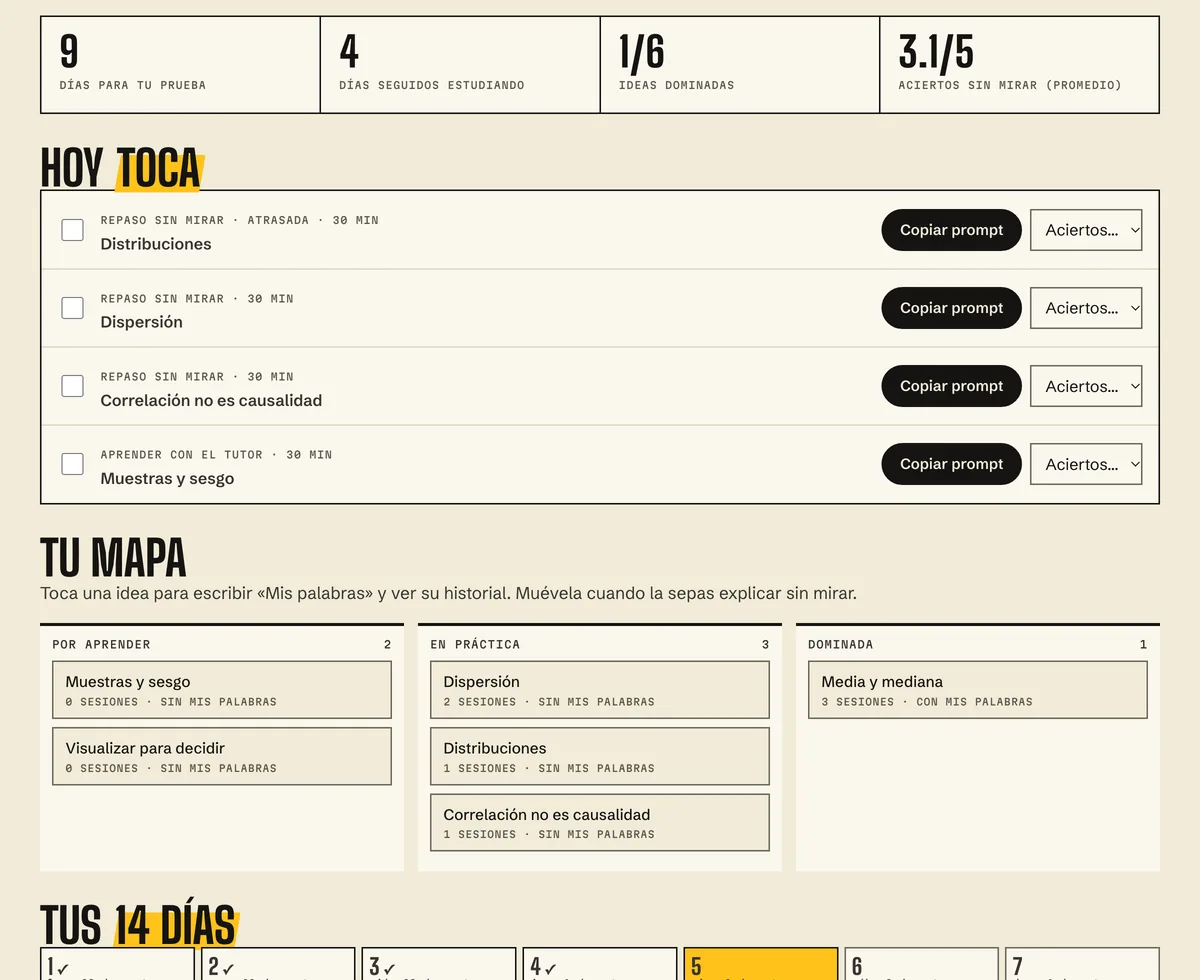 El tablero del modo intensivo con un ejemplo ficticio: días para la prueba, racha, Hoy toca, el mapa en tres columnas y el plan de 14 días